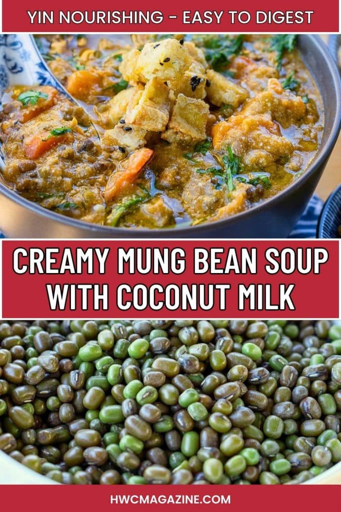 Whole dried mung beans getting soaked and a bowl of creamy mung bean soup with coconut in a brown bowl.