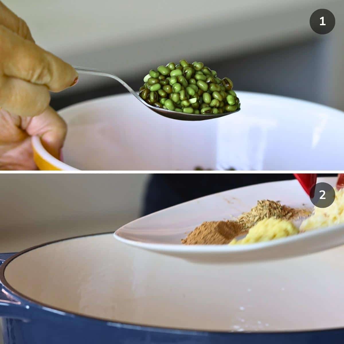 Showing the soaked green mung beans on a spoon and adding the fennel, ginger, cumin and garlic to the soup pot.