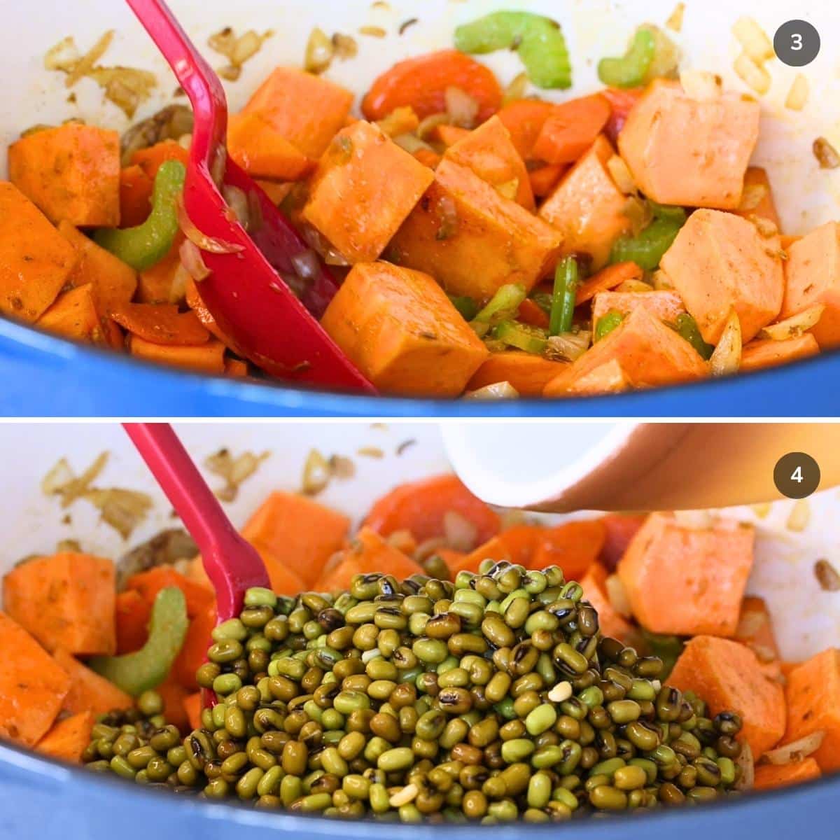Adding sweet potatoes, veggies and mung beans to the Dutch oven on the stove top.