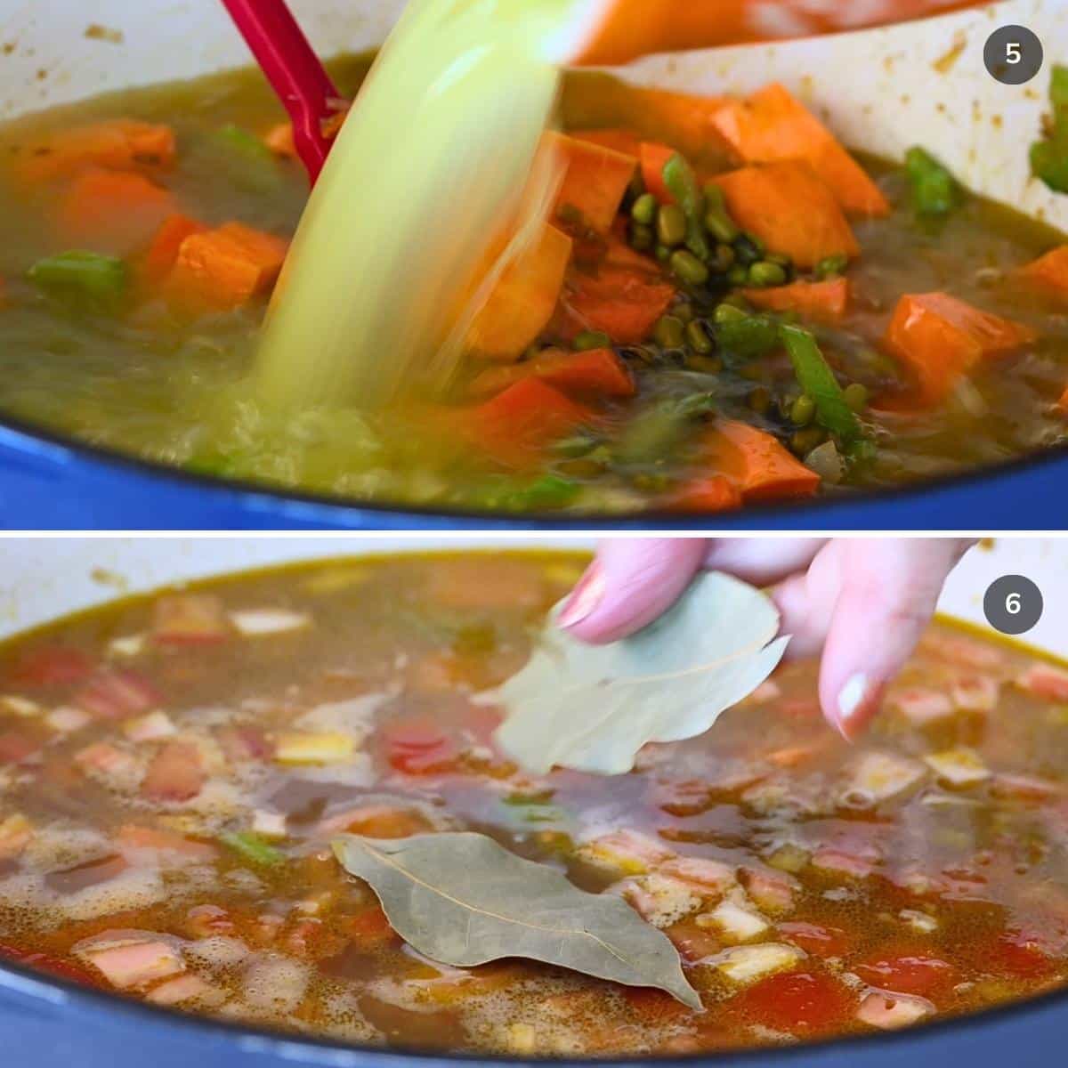 Adding in the turkey bone broth and bay leaves to the mung bean soup.