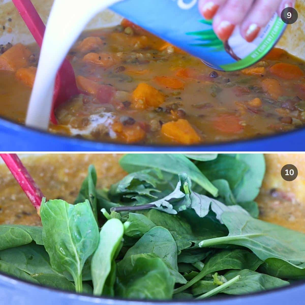 Coconut milk and spinach leaves added to the soup with mung beans and veggies.