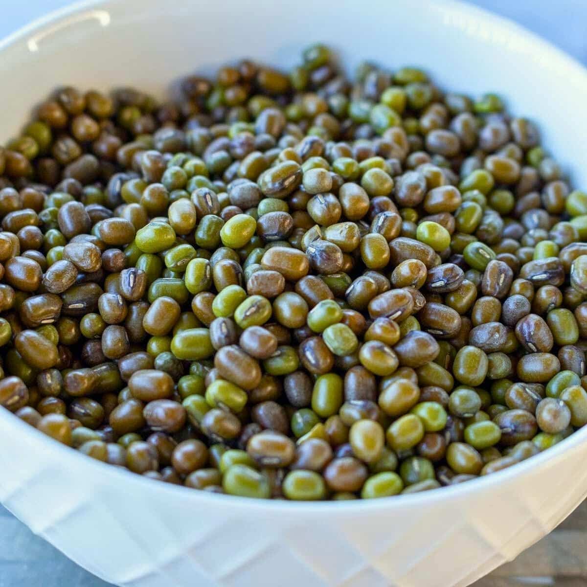 Dried whole green mung beans in a white bowl.