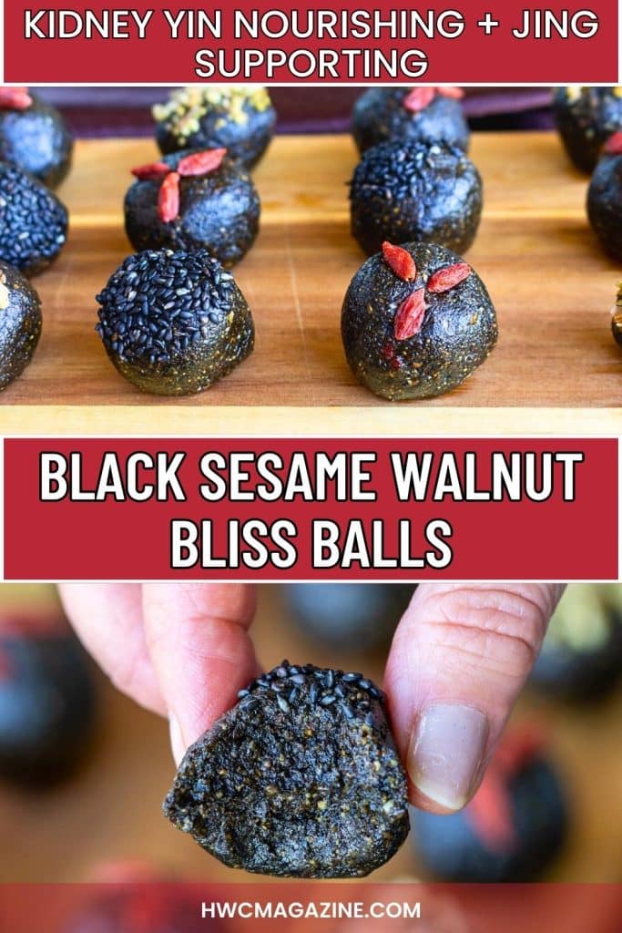 Black sesame walnut balls on a serving platter and with one with a bite out of it.