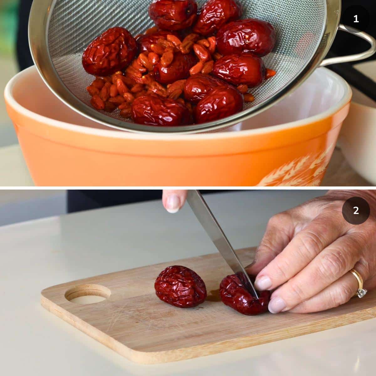 Soaking goji berries and Chinese red dates in hot water and removing the pit from the dates.