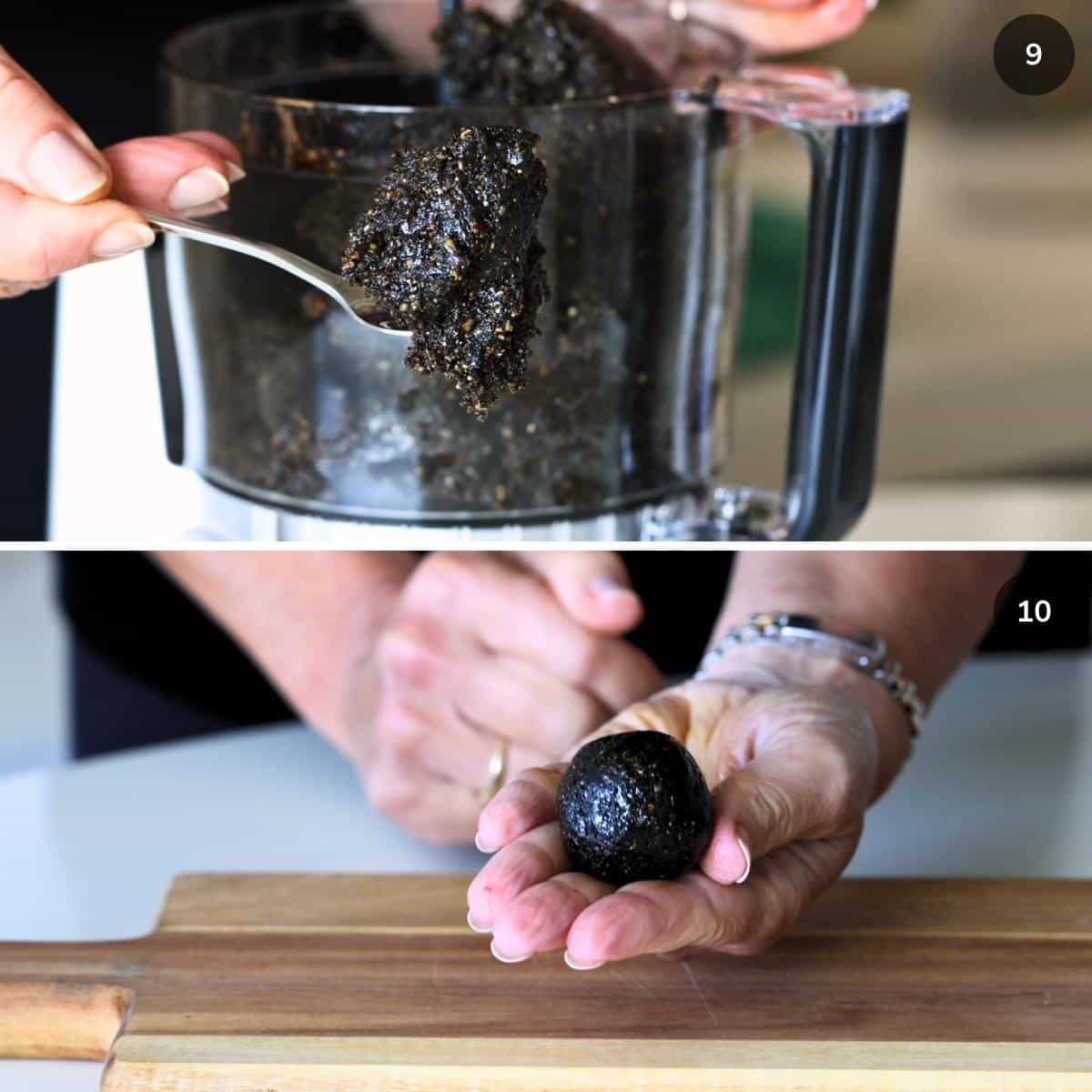 Showing how the black sesame mixture starts to stick together and then rolled into bite sized energy balls.