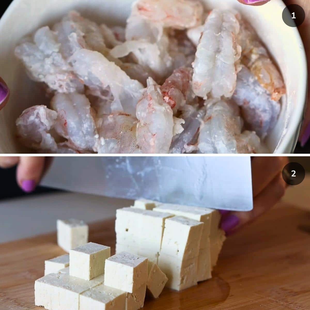Shrimp tossed with cornstarch and chopping tofu into cubes.