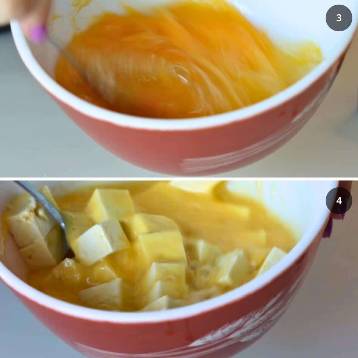 Beating the eggs and adding in the cubed firm tofu.