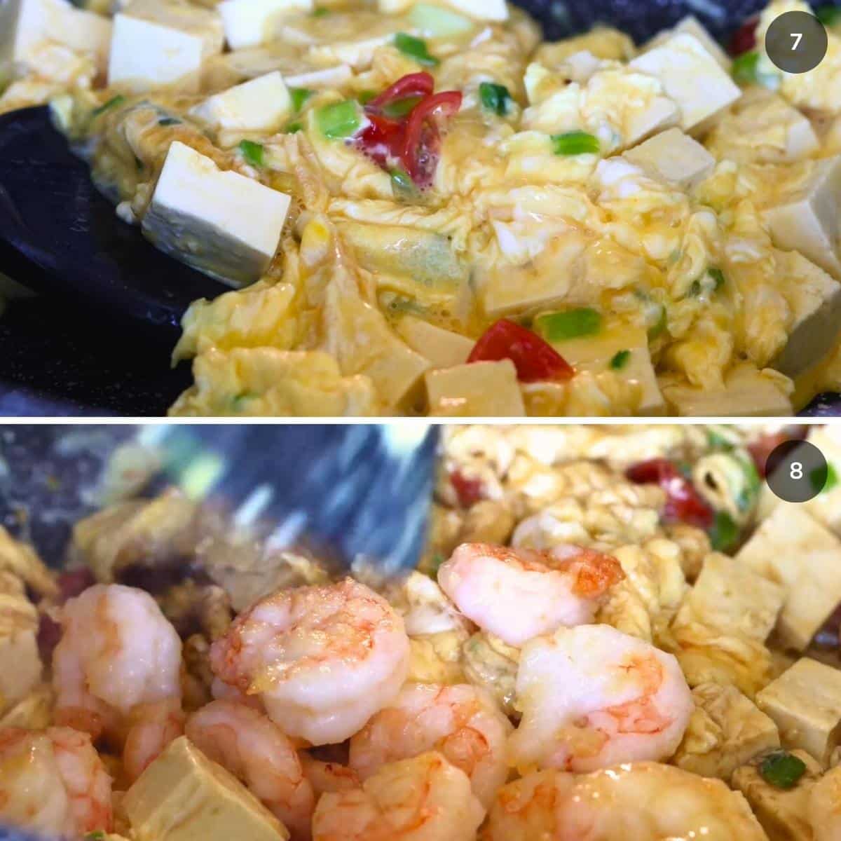Lightly stir frying tofu and scrambling the eggs with the aromatics and sauces along with the cooked shrimp.