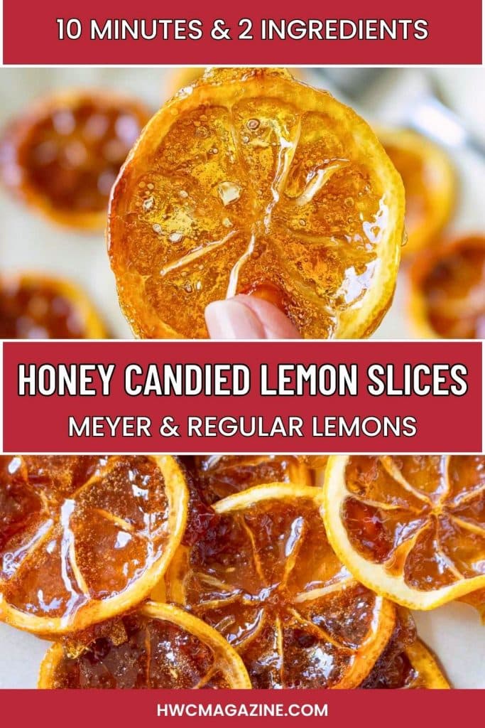 Honey candied lemon slices on greased parchment paper on a tray.