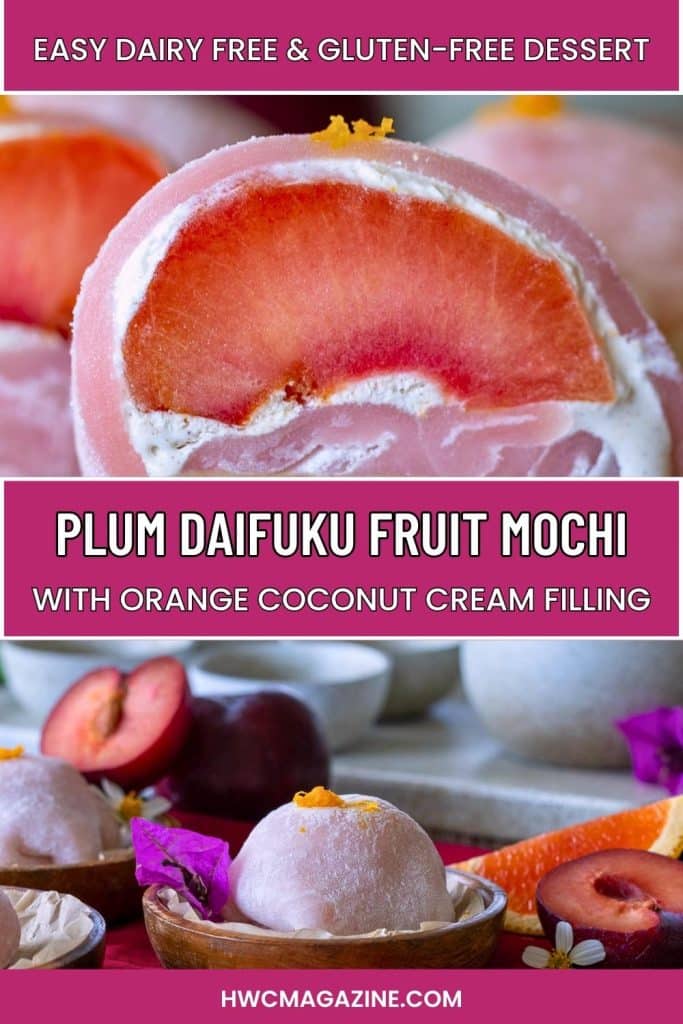 Plum daifuku fruit mochi stuffed with a spiced orange coconut cream filling cut in halt and whole on a wooden plate.