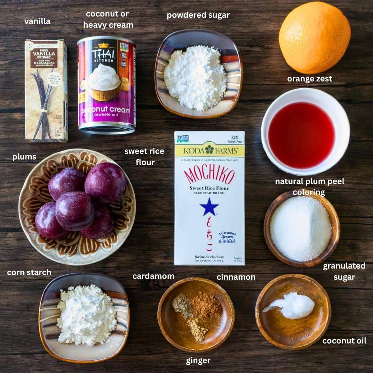 Ingredients to make fruit mochi on a brown board.