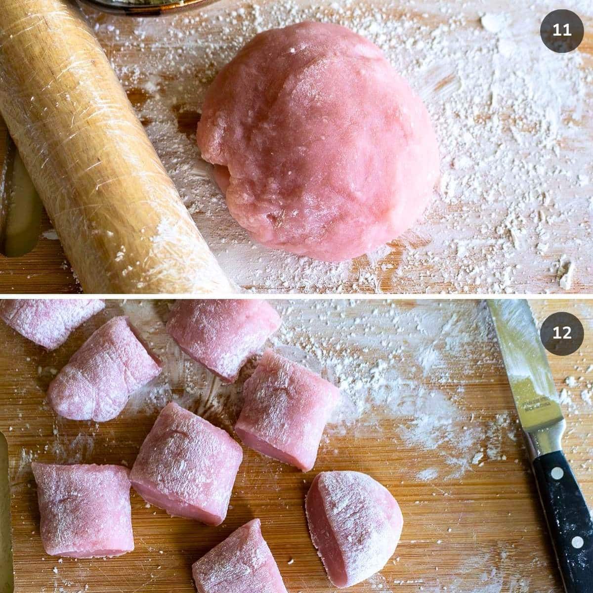 Surface covered in a dusting with cornstarch and preparing to roll out microwaved cooked mochi dough.