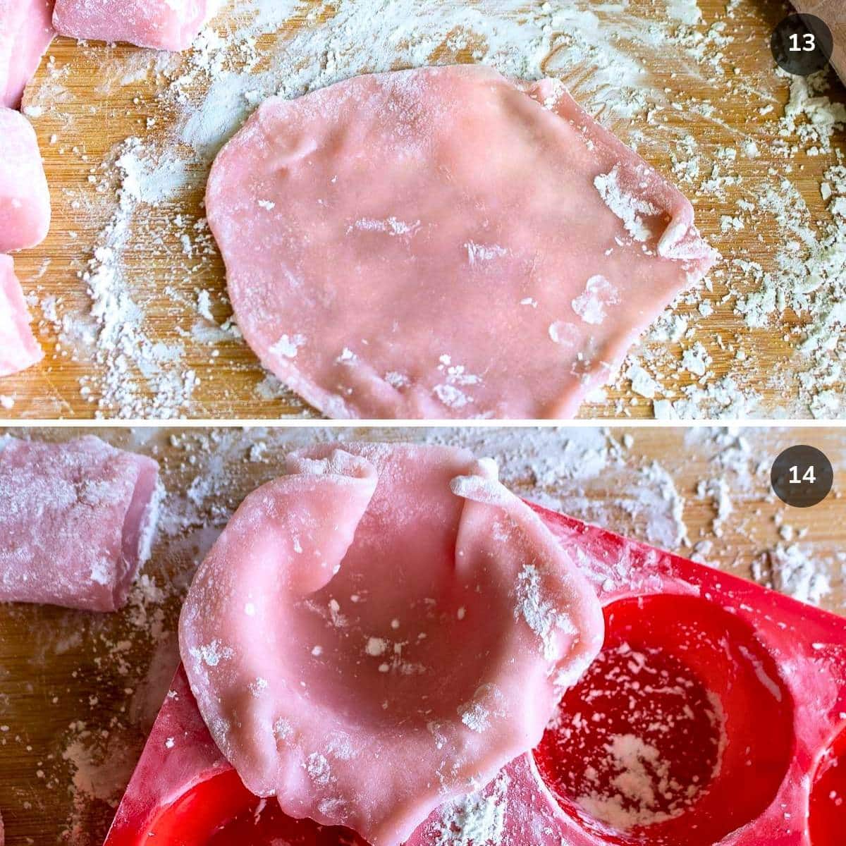 Rolling out mochi dough to a 3-4 inch circle and placing it in a silicone muffin tray.