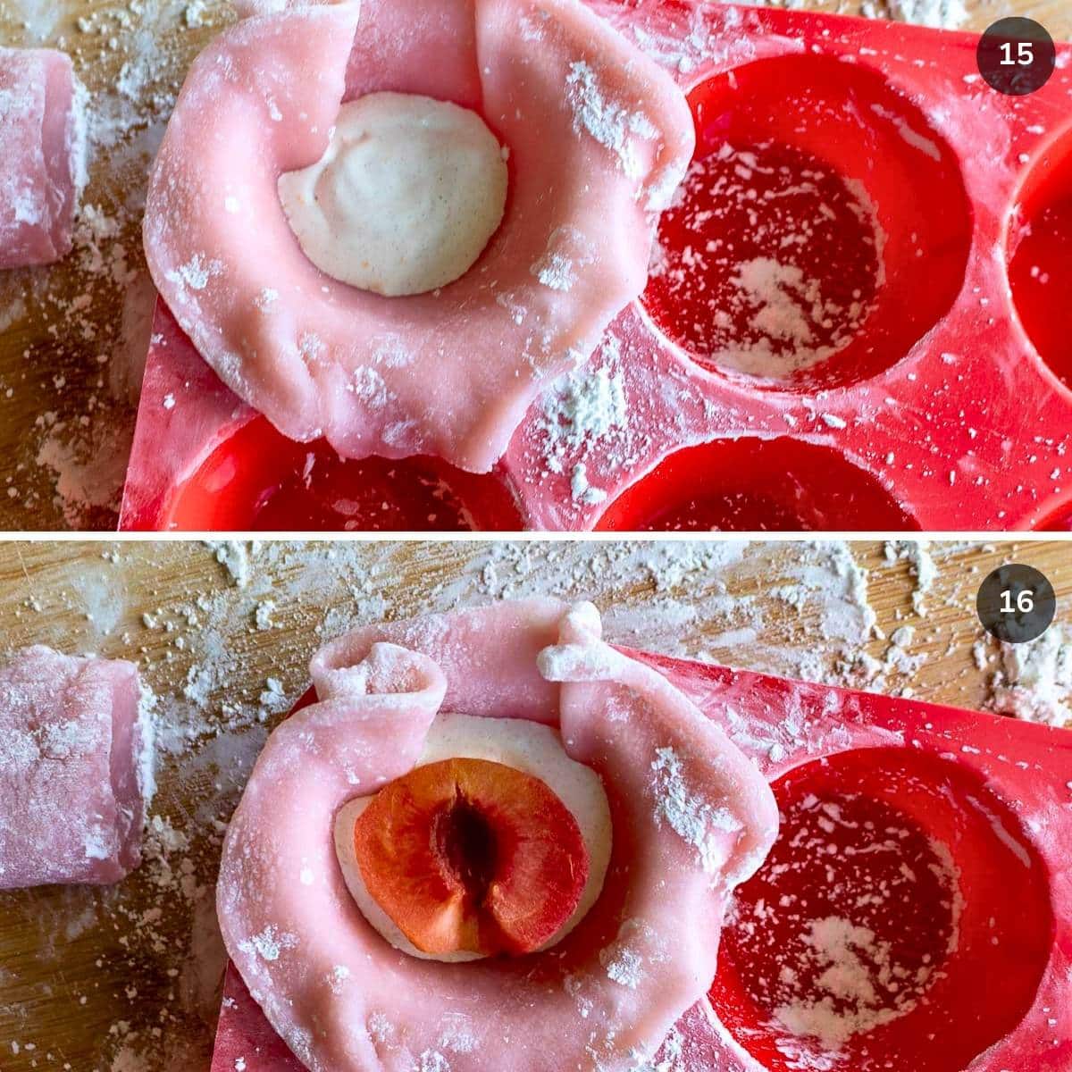 Placing a dollop of the orange coconut cream in the center of the rolled out mochi dough and a fresh plum on top.