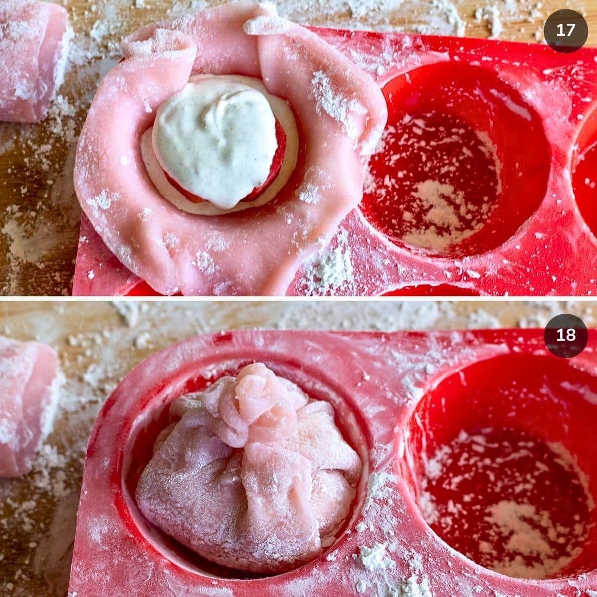 placing a teaspoon of orange cream filling on top of half plum and then carefully pinching to close the plum fruit mochi.