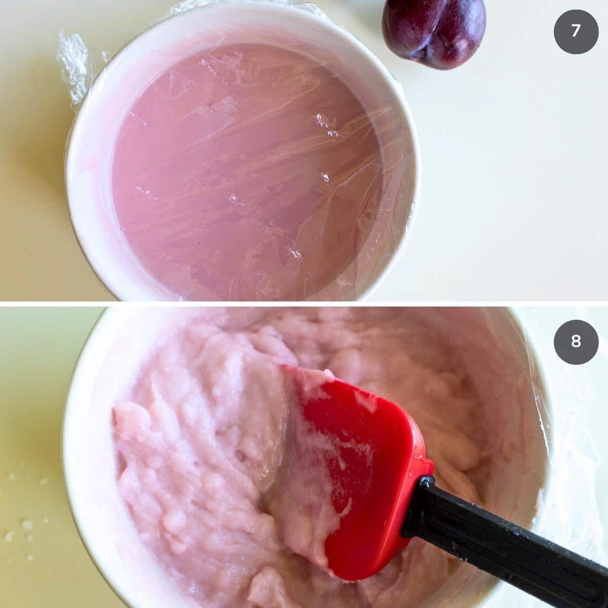 Covered the mochi batter with pastic wrap. Showing mochi dough after microwaved for 1 minute.